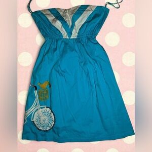 Judith March Teal Strapless Dress with Gray Accent and Bicycle Embroidery